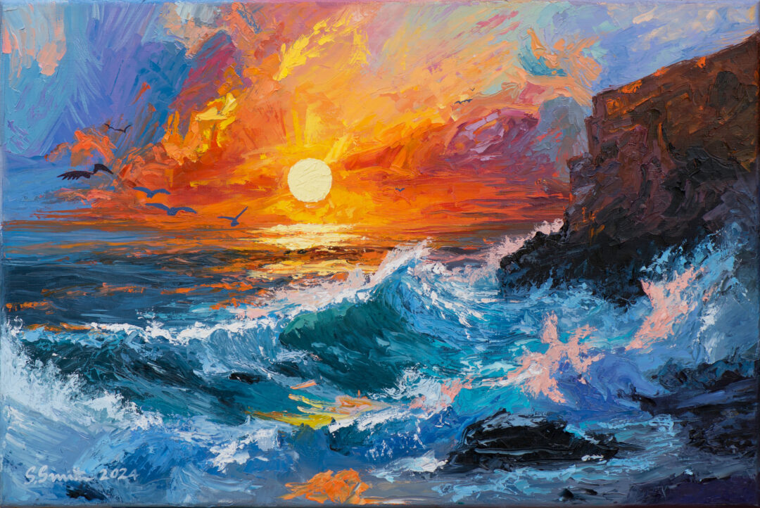 “Breaking Waves At Sunset” Oil Paints On Stretched Linen 60cm x 40cm