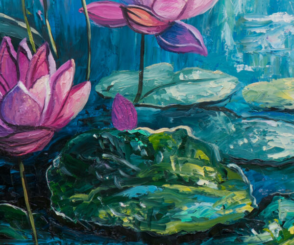 Shimmering Lotus Pond Oil Painting On Stretched Canvas 60cm x 50cm - Image 2