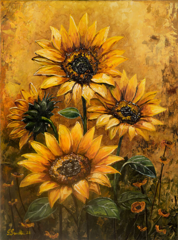 “Three Sunflowers” Oil Paints On Stretched Canvas 80cm x 60cm